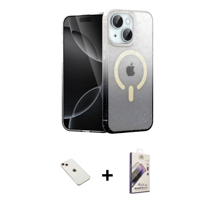 MARSİLYAN™- iPhone 14 Kılıf Eksen Minimal Özel Seri - Siyah Bilvis 3D Mat Cam Ekran Koruyucu + Diamond Kamera Lens - KI