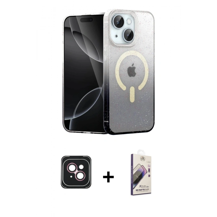 MARSİLYAN™- iPhone 14 Kılıf Eksen Minimal Özel Seri - Siyah Bilvis 3D Mat Cam Ekran Koruyucu + PVD Metal Kamera Lens - PE