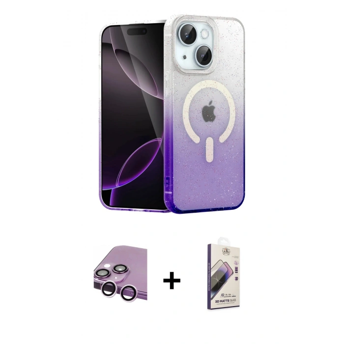 MARSİLYAN™- iPhone 14 Kılıf Eksen Minimal Özel Seri - Siyah Bilvis 3D Mat Cam Ekran Koruyucu + Raze Metal Kamera Lens - MR