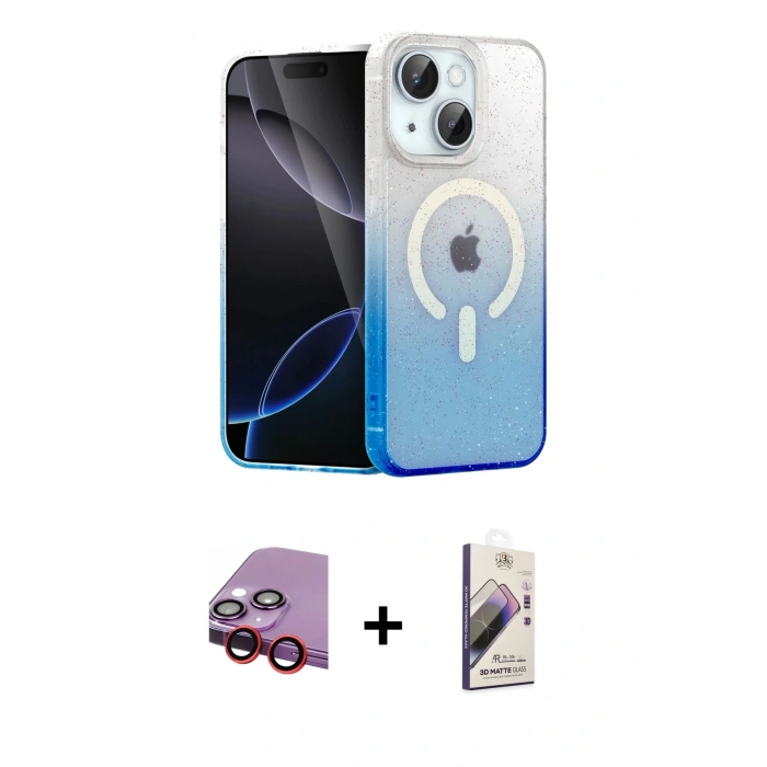 MARSİLYAN™- iPhone 14 Kılıf Eksen Minimal Özel Seri - Siyah Bilvis 3D Mat Cam Ekran Koruyucu + Raze Metal Kamera Lens - KI