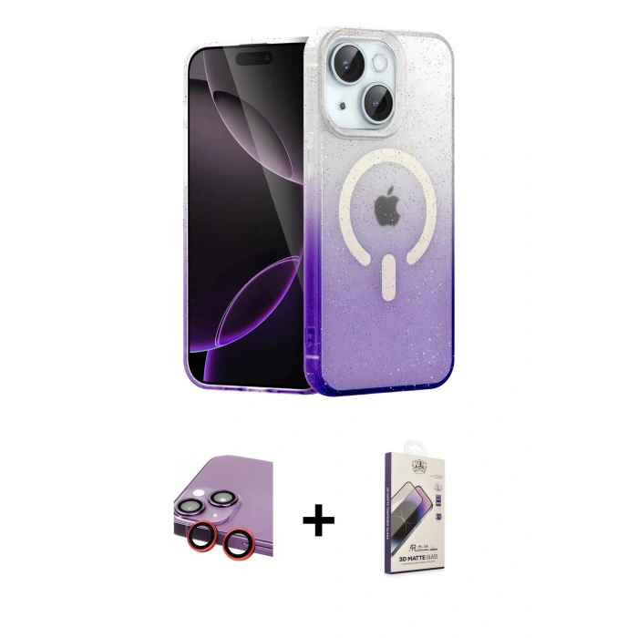 MARSİLYAN™- iPhone 14 Kılıf Eksen Minimal Özel Seri - Siyah Bilvis 3D Mat Cam Ekran Koruyucu + Raze Metal Kamera Lens - KI