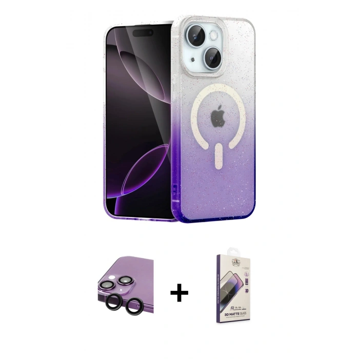 MARSİLYAN™- iPhone 14 Kılıf Eksen Minimal Özel Seri - Siyah Bilvis 3D Mat Cam Ekran Koruyucu + Raze Metal Kamera Lens - SH
