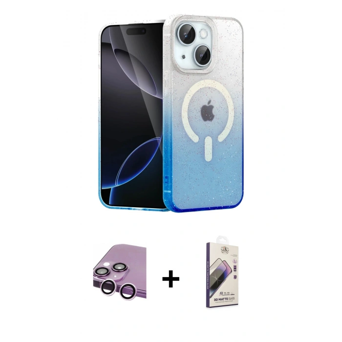 MARSİLYAN™- iPhone 14 Kılıf Eksen Minimal Özel Seri - Siyah Bilvis 3D Mat Cam Ekran Koruyucu + Raze Metal Kamera Lens - MR