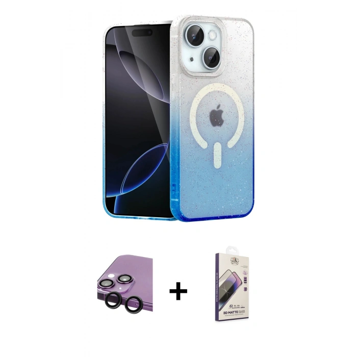 MARSİLYAN™- iPhone 14 Kılıf Eksen Minimal Özel Seri - Siyah Bilvis 3D Mat Cam Ekran Koruyucu + Raze Metal Kamera Lens - SH