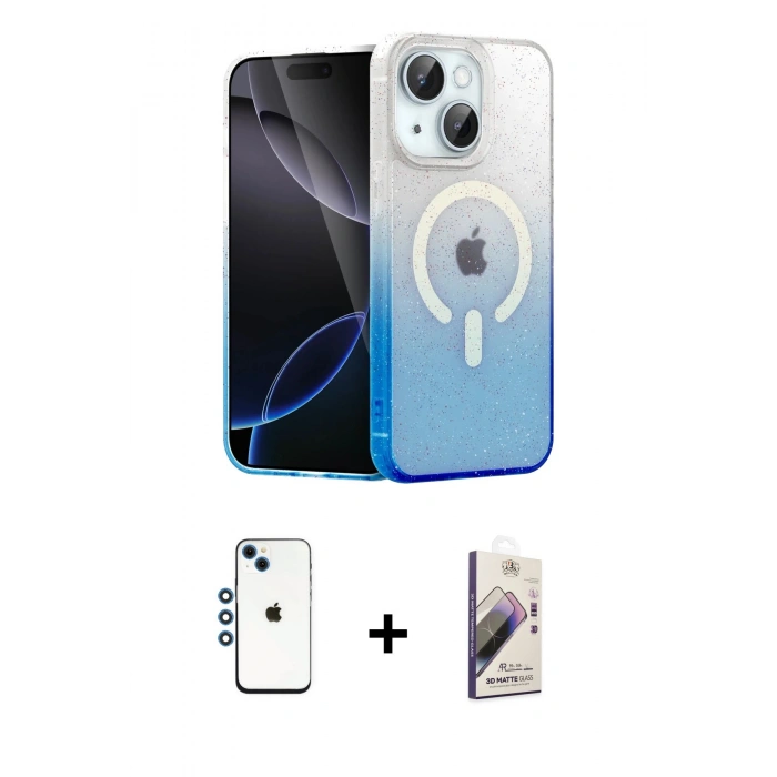 MARSİLYAN™- iPhone 14 Kılıf Eksen Minimal Özel Seri - Siyah Bilvis 3D Mat Cam Ekran Koruyucu + Shine Kamera Lens - MI