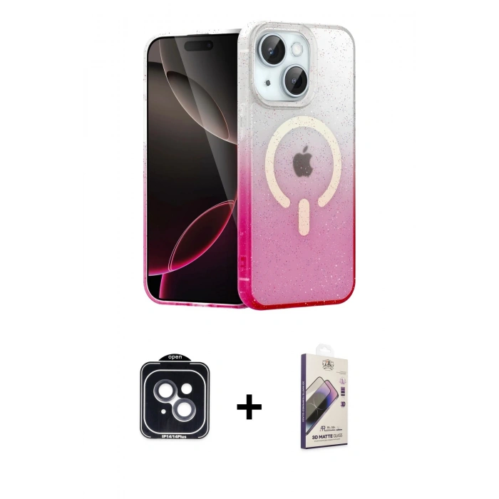 MARSİLYAN™- iPhone 14 Kılıf Eksen Minimal Özel Seri - Siyah Bilvis 3D Mat Cam Ekran Koruyucu + PVD Metal Kamera Lens - SH