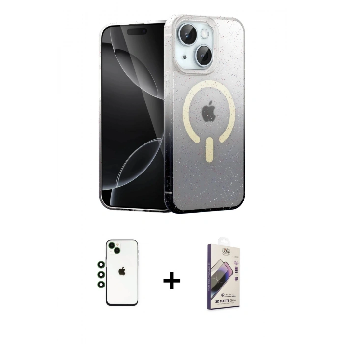 MARSİLYAN™- iPhone 14 Kılıf Eksen Minimal Özel Seri - Siyah Bilvis 3D Mat Cam Ekran Koruyucu + Shine Kamera Lens - YL