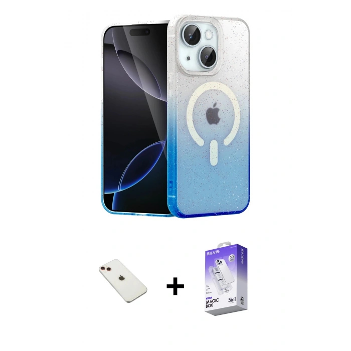 MARSİLYAN™- iPhone 14 Kılıf Eksen Minimal Özel Seri - Siyah Bilvis 5in1 3D Magic Cam Ekran Koruyucu + Diamond Kamera Lens - KI