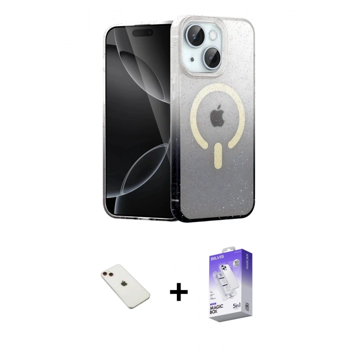 MARSİLYAN™- iPhone 14 Kılıf Eksen Minimal Özel Seri - Siyah Bilvis 5in1 3D Magic Cam Ekran Koruyucu + Diamond Kamera Lens - KI