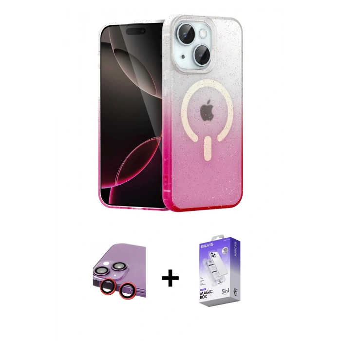 MARSİLYAN™- iPhone 14 Kılıf Eksen Minimal Özel Seri - Siyah Bilvis 5in1 3D Magic Cam Ekran Koruyucu + Raze Metal Kamera Lens - KI