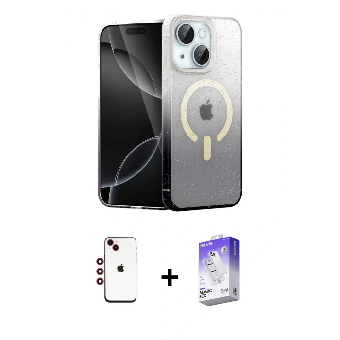 MARSİLYAN™- iPhone 14 Kılıf Eksen Minimal Özel Seri - Siyah Bilvis 5in1 3D Magic Cam Ekran Koruyucu + Shine Kamera Lens - KI