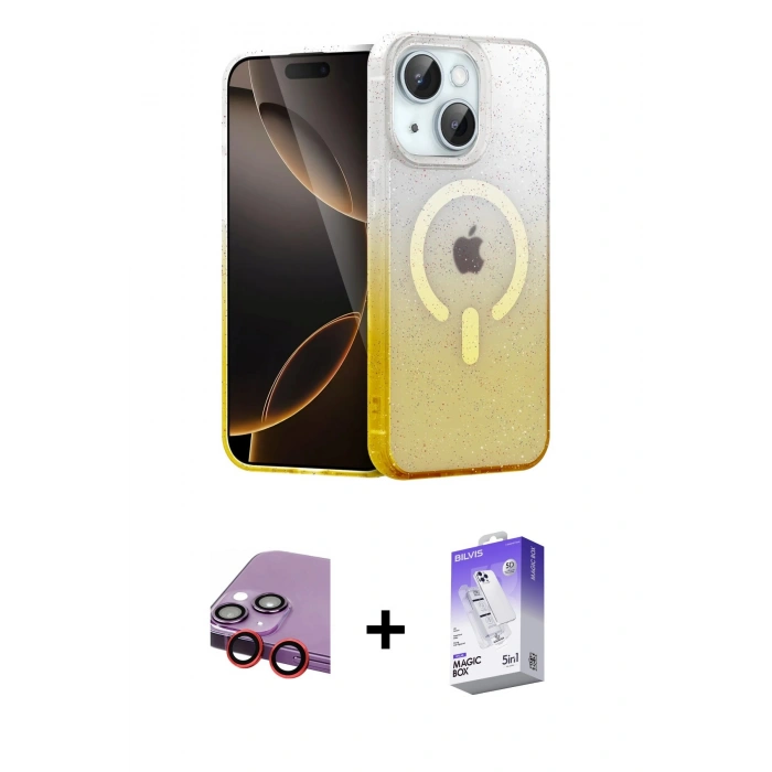 MARSİLYAN™- iPhone 14 Kılıf Eksen Minimal Özel Seri - Siyah Bilvis 5in1 3D Magic Cam Ekran Koruyucu + Raze Metal Kamera Lens - KI