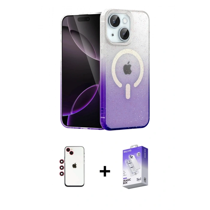 MARSİLYAN™- iPhone 14 Kılıf Eksen Minimal Özel Seri - Siyah Bilvis 5in1 3D Magic Cam Ekran Koruyucu + Shine Kamera Lens - KI