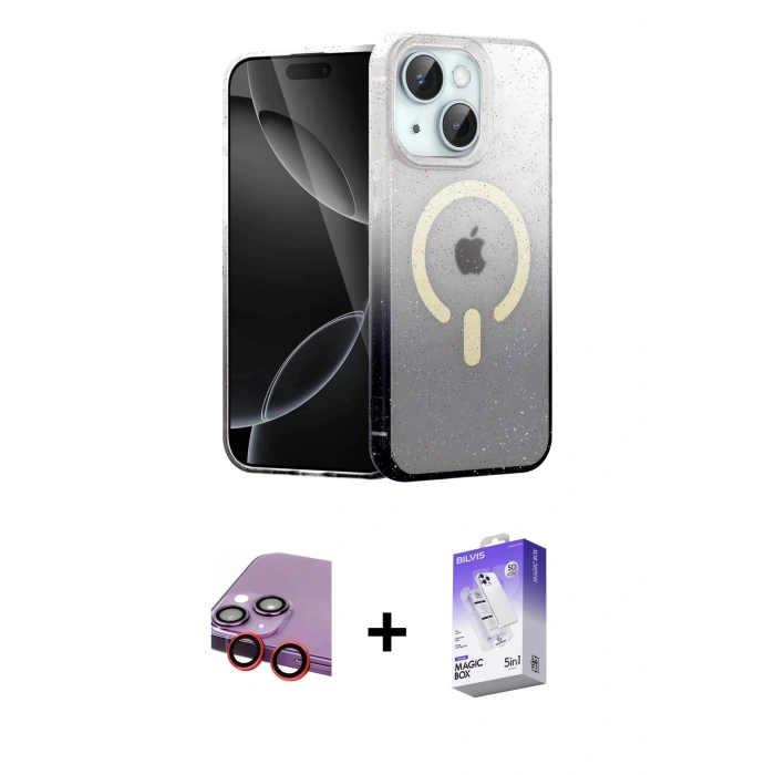 MARSİLYAN™- iPhone 14 Kılıf Eksen Minimal Özel Seri - Siyah Bilvis 5in1 3D Magic Cam Ekran Koruyucu + Raze Metal Kamera Lens - KI