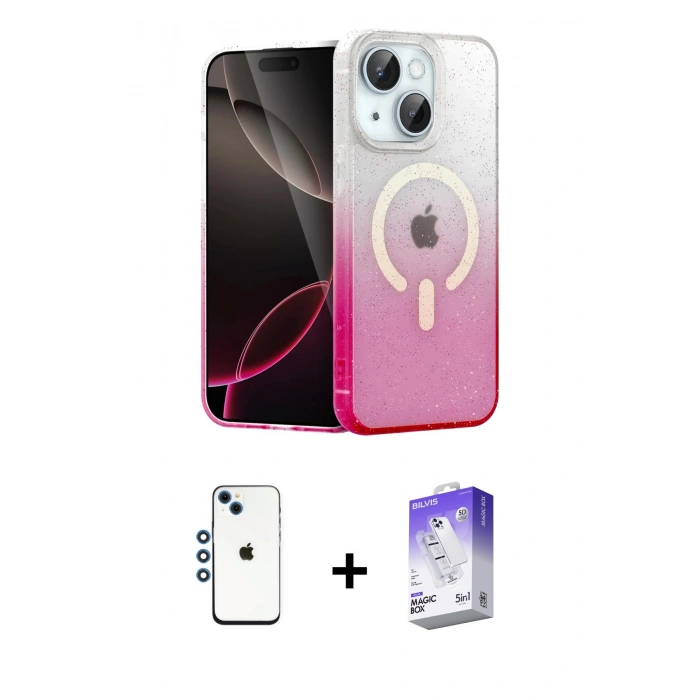 MARSİLYAN™- iPhone 14 Kılıf Eksen Minimal Özel Seri - Siyah Bilvis 5in1 3D Magic Cam Ekran Koruyucu + Mavi Shine Kamera Lens