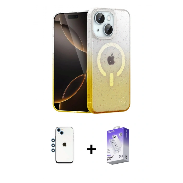 MARSİLYAN™- iPhone 14 Kılıf Eksen Minimal Özel Seri - Siyah Bilvis 5in1 3D Magic Cam Ekran Koruyucu + Mavi Shine Kamera Lens