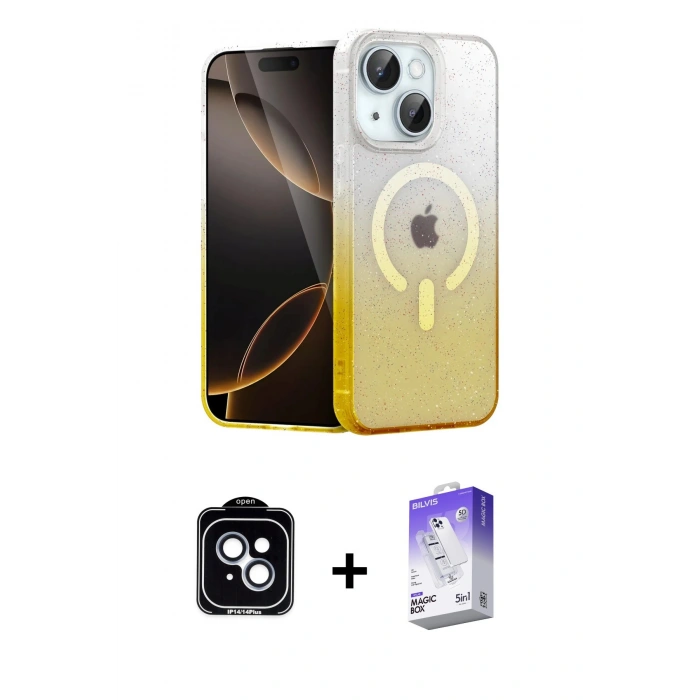 MARSİLYAN™- iPhone 14 Kılıf Eksen Minimal Özel Seri - Siyah Bilvis 5in1 3D Magic Cam Ekran Koruyucu + PVD Metal Kamera Lens - MI