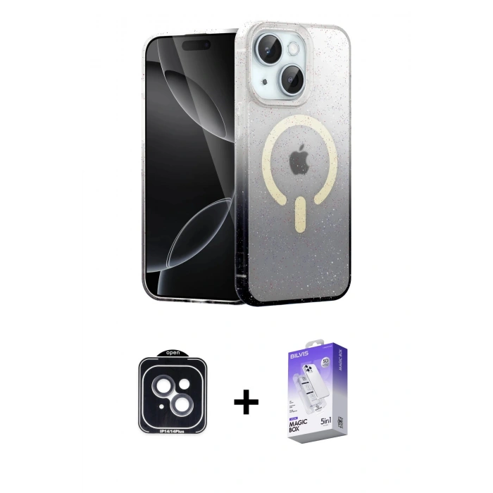 MARSİLYAN™- iPhone 14 Kılıf Eksen Minimal Özel Seri - Siyah Bilvis 5in1 3D Magic Cam Ekran Koruyucu + PVD Metal Kamera Lens - SH