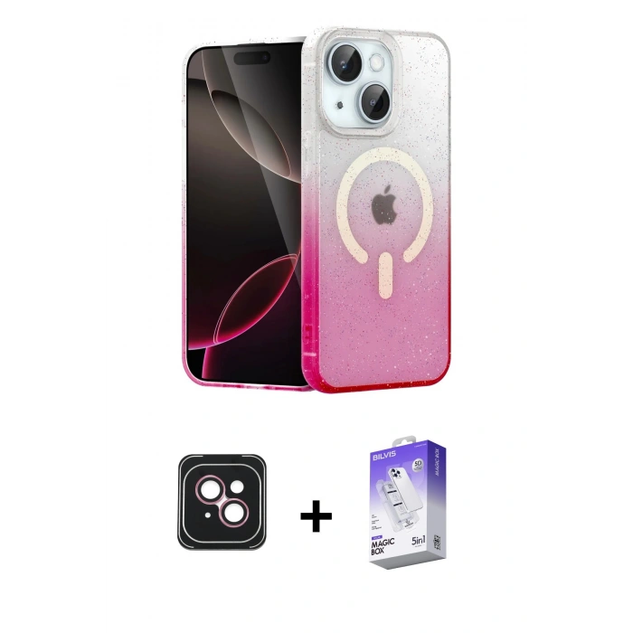 MARSİLYAN™- iPhone 14 Kılıf Eksen Minimal Özel Seri - Siyah Bilvis 5in1 3D Magic Cam Ekran Koruyucu + PVD Metal Kamera Lens - PE