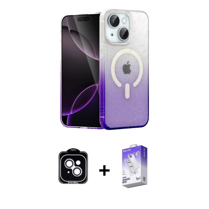 MARSİLYAN™- iPhone 14 Kılıf Eksen Minimal Özel Seri - Siyah Bilvis 5in1 3D Magic Cam Ekran Koruyucu + PVD Metal Kamera Lens - GS
