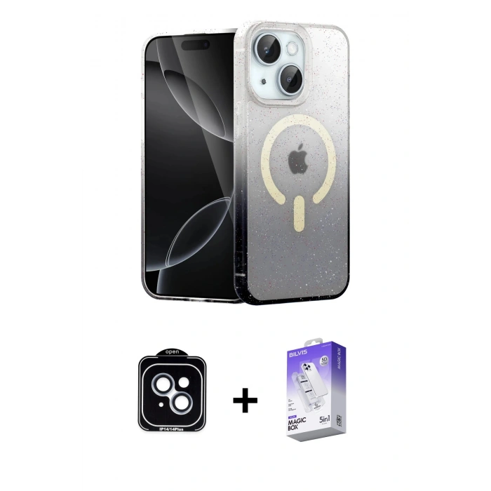 MARSİLYAN™- iPhone 14 Kılıf Eksen Minimal Özel Seri - Siyah Bilvis 5in1 3D Magic Cam Ekran Koruyucu + PVD Metal Kamera Lens - MI