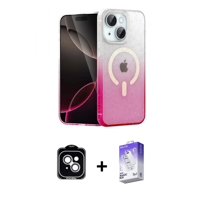 MARSİLYAN™- iPhone 14 Kılıf Eksen Minimal Özel Seri - Siyah Bilvis 5in1 3D Magic Cam Ekran Koruyucu + PVD Metal Kamera Lens - GS