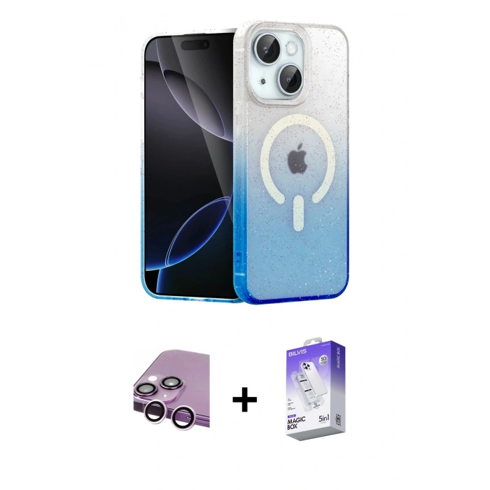 MARSİLYAN™- iPhone 14 Kılıf Eksen Minimal Özel Seri - Siyah Bilvis 5in1 3D Magic Cam Ekran Koruyucu + Raze Metal Kamera Lens - MR