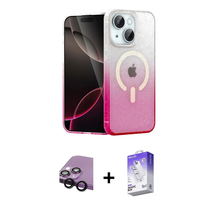 MARSİLYAN™- iPhone 14 Kılıf Eksen Minimal Özel Seri - Siyah Bilvis 5in1 3D Magic Cam Ekran Koruyucu + Raze Metal Kamera Lens - SH