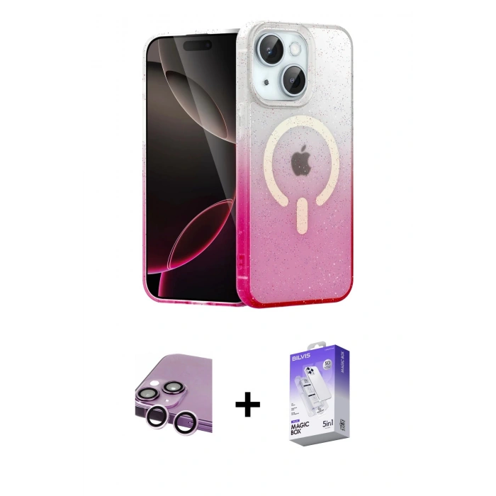 MARSİLYAN™- iPhone 14 Kılıf Eksen Minimal Özel Seri - Siyah Bilvis 5in1 3D Magic Cam Ekran Koruyucu + Raze Metal Kamera Lens - MR