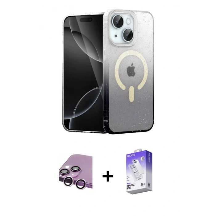 MARSİLYAN™- iPhone 14 Kılıf Eksen Minimal Özel Seri - Siyah Bilvis 5in1 3D Magic Cam Ekran Koruyucu + Raze Metal Kamera Lens - MR