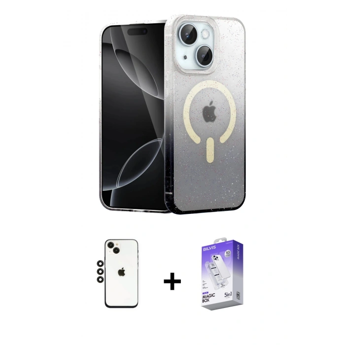 MARSİLYAN™- iPhone 14 Kılıf Eksen Minimal Özel Seri - Siyah Bilvis 5in1 3D Magic Cam Ekran Koruyucu + Shine Kamera Lens - SH