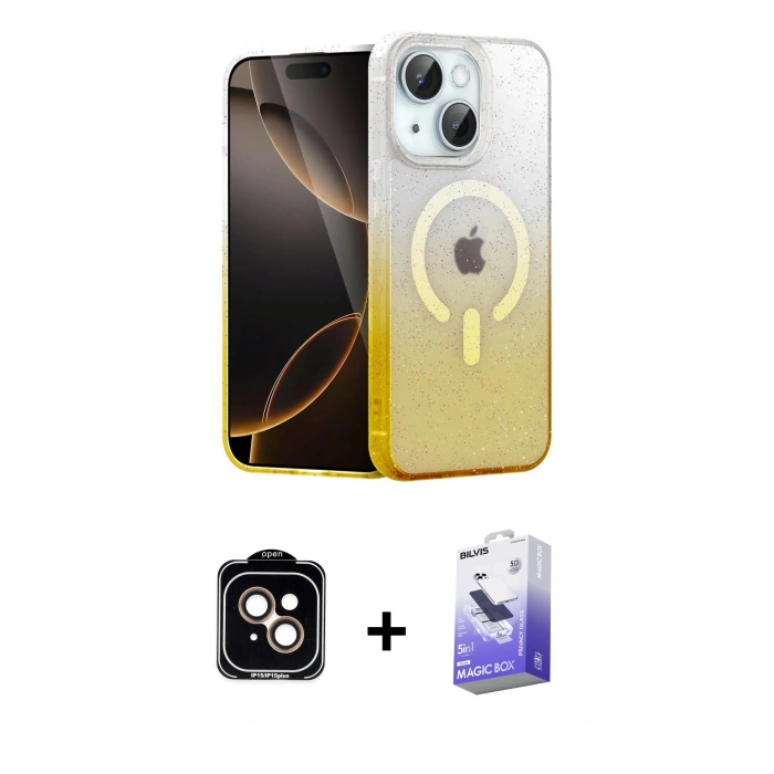 MARSİLYAN™- iPhone 14 Kılıf Eksen Minimal Özel Seri - Siyah Bilvis 5in1 5D Magic Hayalet Cam Ekran Koruyucu + PVD Metal Kamera Lens - TU