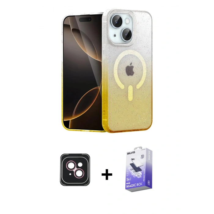 MARSİLYAN™- iPhone 14 Kılıf Eksen Minimal Özel Seri - Siyah Bilvis 5in1 5D Magic Hayalet Cam Ekran Koruyucu + PVD Metal Kamera Lens - PE