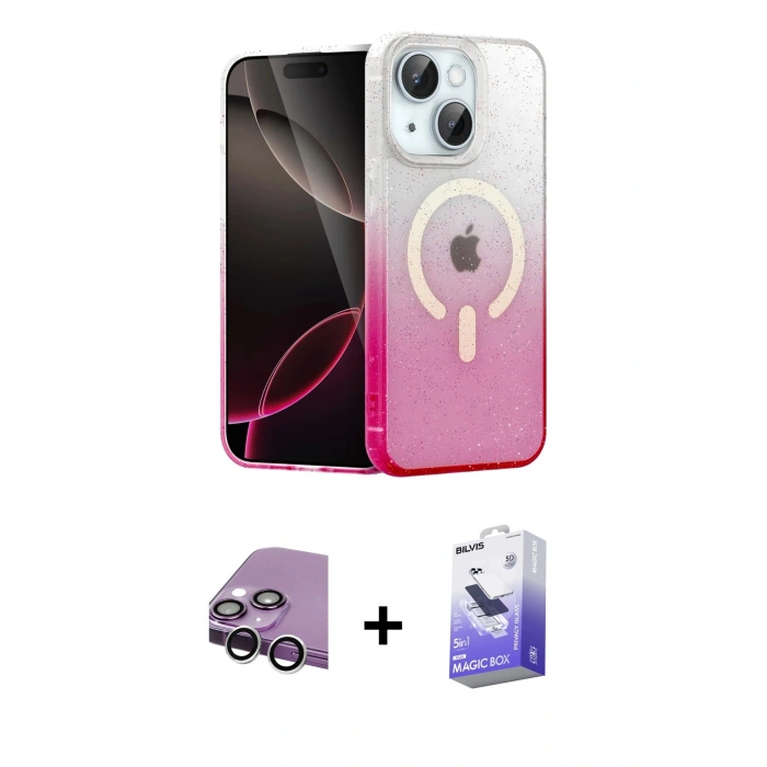 MARSİLYAN™- iPhone 14 Kılıf Eksen Minimal Özel Seri - Siyah Bilvis 5in1 5D Magic Hayalet Cam Ekran Koruyucu + Raze Metal Kamera Lens - GS
