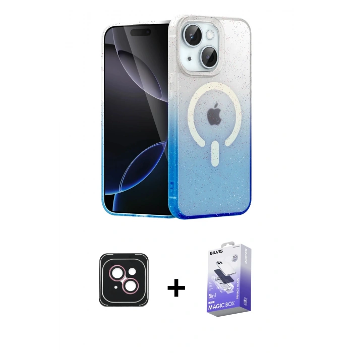 MARSİLYAN™- iPhone 14 Kılıf Eksen Minimal Özel Seri - Siyah Bilvis 5in1 5D Magic Hayalet Cam Ekran Koruyucu + PVD Metal Kamera Lens - PE