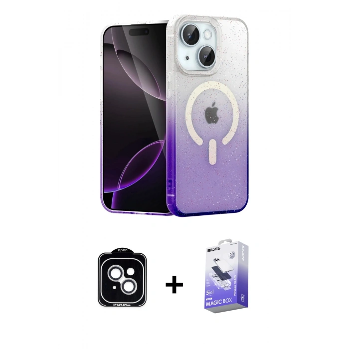 MARSİLYAN™- iPhone 14 Kılıf Eksen Minimal Özel Seri - Siyah Bilvis 5in1 5D Magic Hayalet Cam Ekran Koruyucu + PVD Metal Kamera Lens - GS