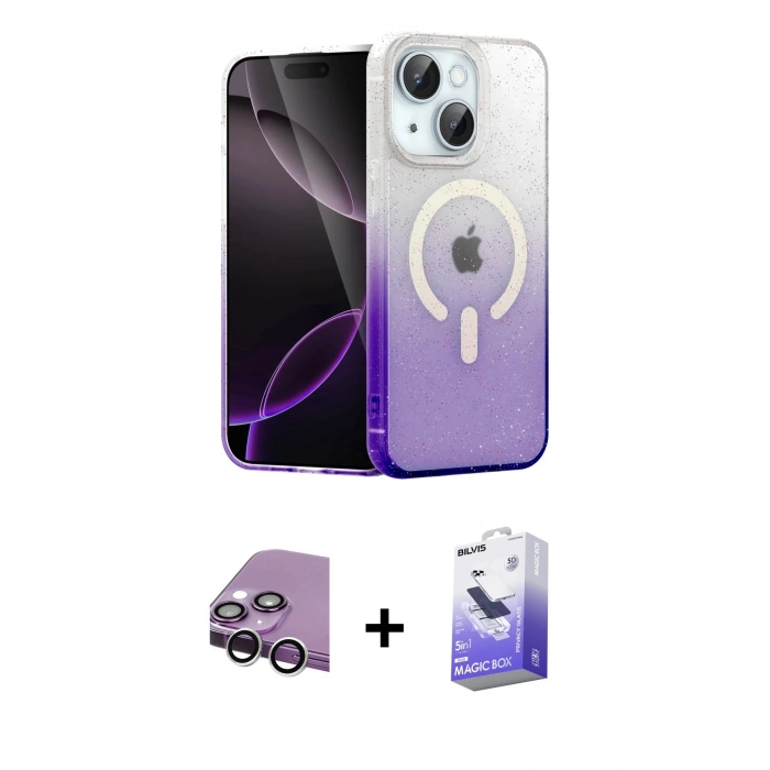 MARSİLYAN™- iPhone 14 Kılıf Eksen Minimal Özel Seri - Siyah Bilvis 5in1 5D Magic Hayalet Cam Ekran Koruyucu + Raze Metal Kamera Lens - GS