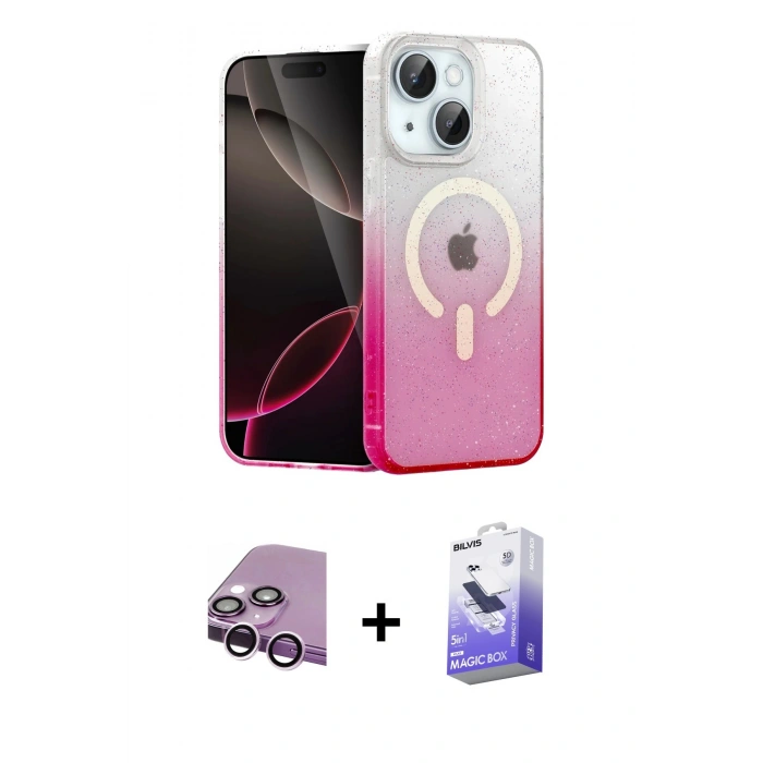 MARSİLYAN™- iPhone 14 Kılıf Eksen Minimal Özel Seri - Siyah Bilvis 5in1 5D Magic Hayalet Cam Ekran Koruyucu + Raze Metal Kamera Lens - MR