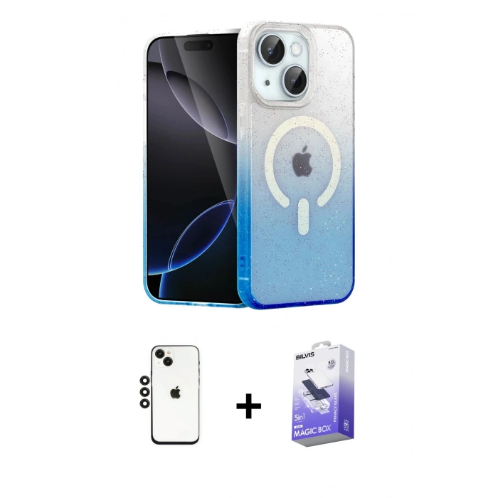 MARSİLYAN™- iPhone 14 Kılıf Eksen Minimal Özel Seri - Siyah Bilvis 5in1 5D Magic Hayalet Cam Ekran Koruyucu + Shine Kamera Lens - SH