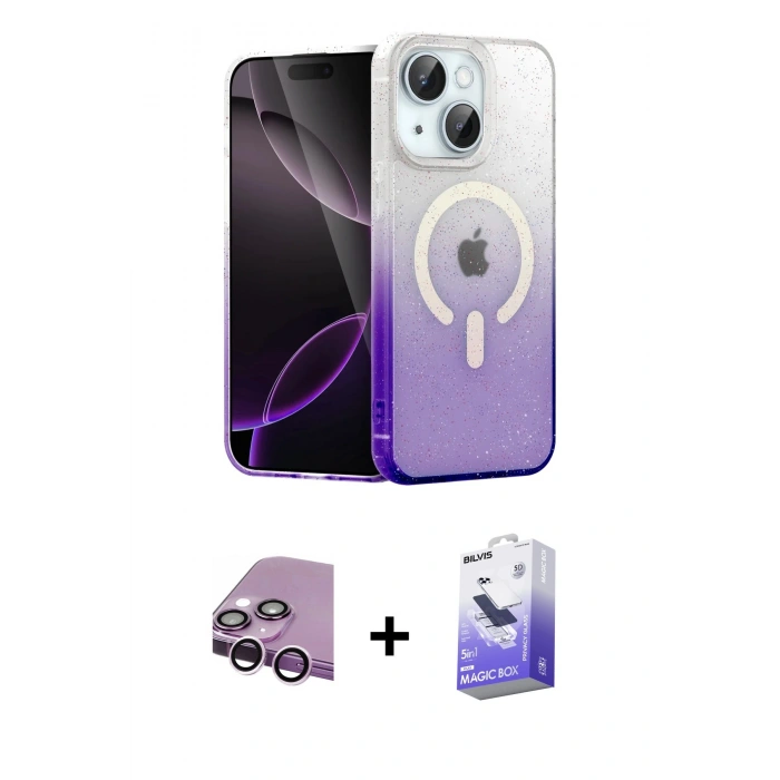 MARSİLYAN™- iPhone 14 Kılıf Eksen Minimal Özel Seri - Siyah Bilvis 5in1 5D Magic Hayalet Cam Ekran Koruyucu + Raze Metal Kamera Lens - MR