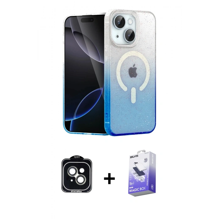 MARSİLYAN™- iPhone 14 Kılıf Eksen Minimal Özel Seri - Siyah Bilvis 5in1 5D Magic Hayalet Cam Ekran Koruyucu + PVD Metal Kamera Lens - YL