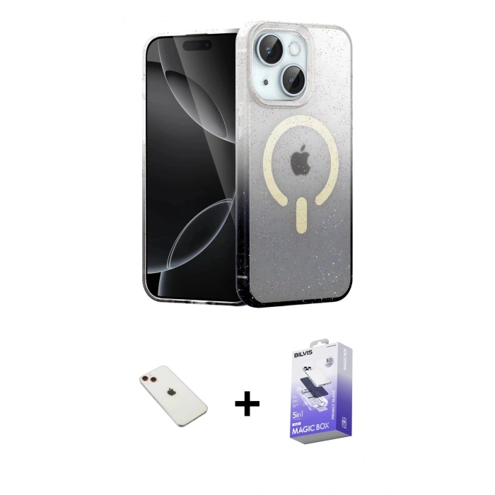 MARSİLYAN™- iPhone 14 Kılıf Eksen Minimal Özel Seri - Siyah Bilvis 5in1 5D Magic Hayalet Cam Ekran Koruyucu + Diamond Kamera Lens - KI