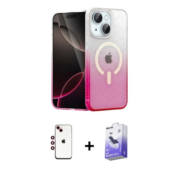 MARSİLYAN™- iPhone 14 Kılıf Eksen Minimal Özel Seri - Siyah Bilvis 5in1 5D Magic Hayalet Cam Ekran Koruyucu + Shine Kamera Lens - KI