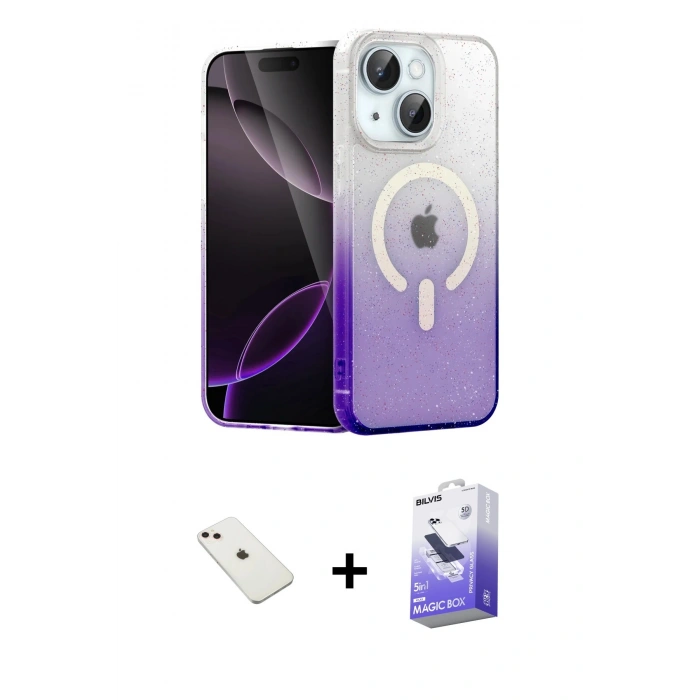MARSİLYAN™- iPhone 14 Kılıf Eksen Minimal Özel Seri - Siyah Bilvis 5in1 5D Magic Hayalet Cam Ekran Koruyucu + Diamond Kamera Lens - PE
