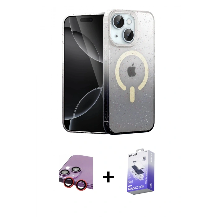 MARSİLYAN™- iPhone 14 Kılıf Eksen Minimal Özel Seri - Siyah Bilvis 5in1 5D Magic Hayalet Cam Ekran Koruyucu + Kırmızı Raze Metal Kamera Lens