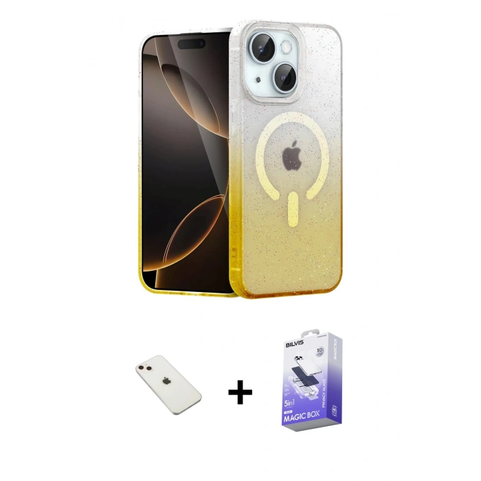 MARSİLYAN™- iPhone 14 Kılıf Eksen Minimal Özel Seri - Siyah Bilvis 5in1 5D Magic Hayalet Cam Ekran Koruyucu + Diamond Kamera Lens - PE