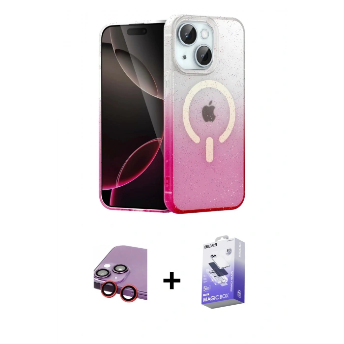 MARSİLYAN™- iPhone 14 Kılıf Eksen Minimal Özel Seri - Siyah Bilvis 5in1 5D Magic Hayalet Cam Ekran Koruyucu + Kırmızı Raze Metal Kamera Lens