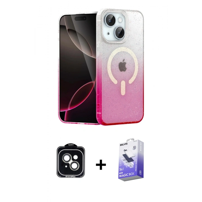 MARSİLYAN™- iPhone 14 Kılıf Eksen Minimal Özel Seri - Siyah Bilvis 5in1 5D Magic Hayalet Cam Ekran Koruyucu + PVD Metal Kamera Lens - YL