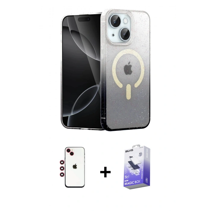 MARSİLYAN™- iPhone 14 Kılıf Eksen Minimal Özel Seri - Siyah Bilvis 5in1 5D Magic Hayalet Cam Ekran Koruyucu + Shine Kamera Lens - KI