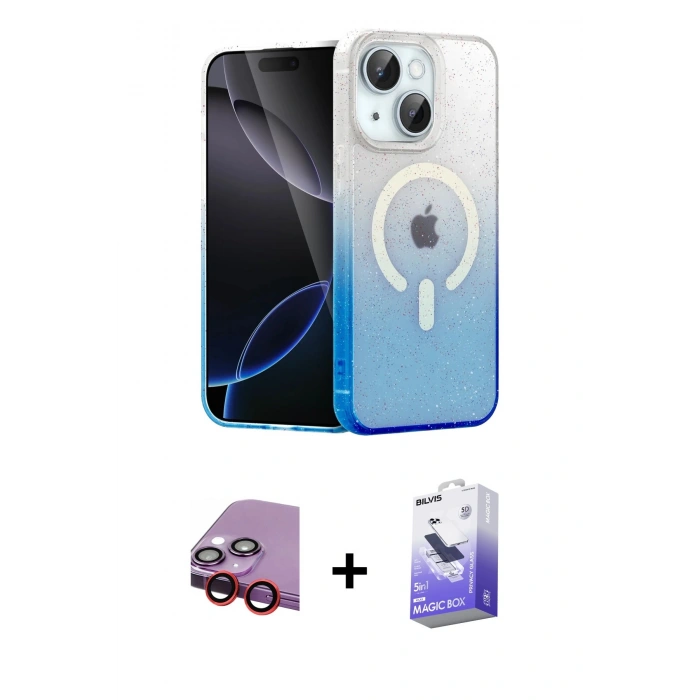 MARSİLYAN™- iPhone 14 Kılıf Eksen Minimal Özel Seri - Siyah Bilvis 5in1 5D Magic Hayalet Cam Ekran Koruyucu + Kırmızı Raze Metal Kamera Lens